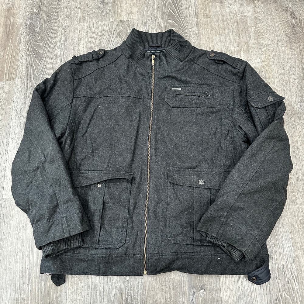 Akademiks Jacket Mens 2XL Y2K Gray Wool Lined‎ Hip Hop Military Field Zip Jacket